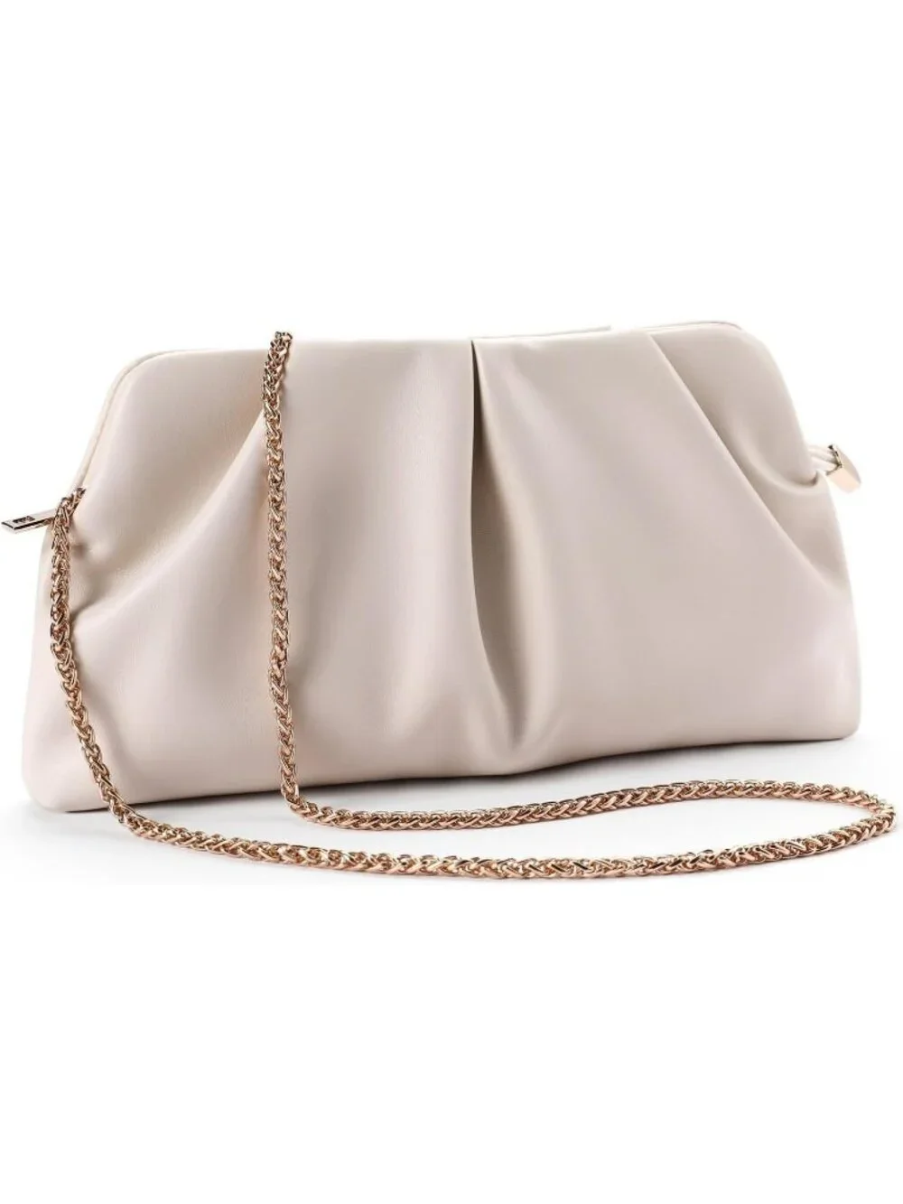Women's Cream Pleated Pu Clutch Purse For Dressy With Chain Formal Handbag